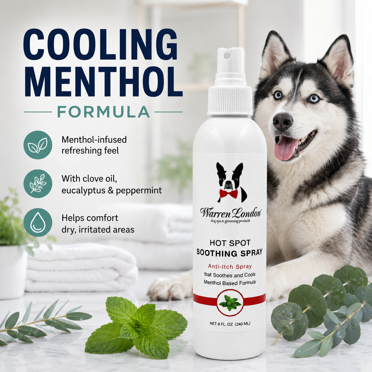 Southlake Paws Hot Spot Soothing Spray in a professional size bottle, featuring a menthol formula for soothing irritated skin