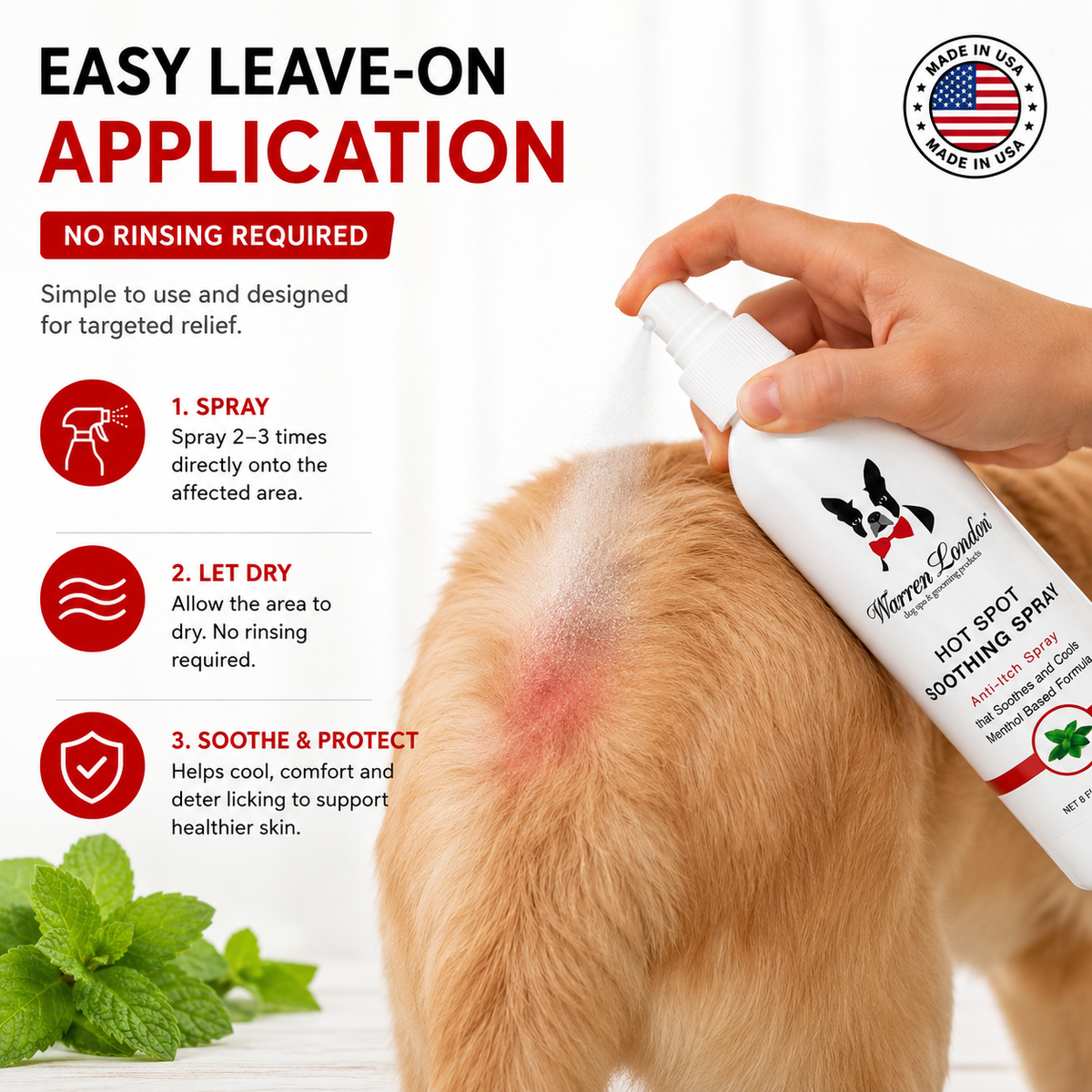 Southlake Paws Hot Spot Soothing Spray in a professional size bottle, applied to a dog's irritated skin area.