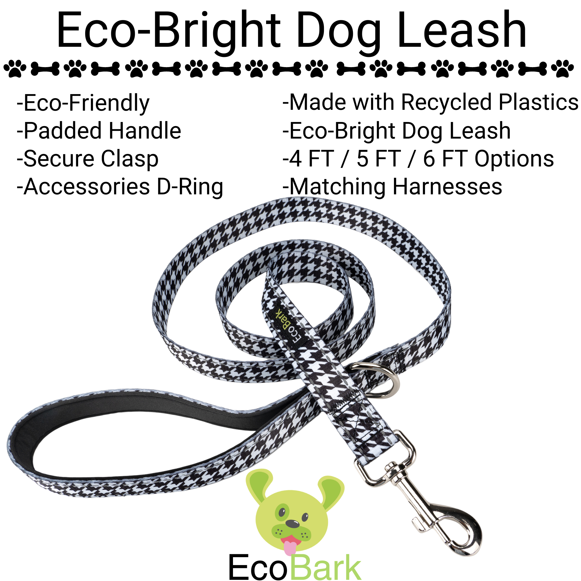 EcoBark Houndstooth Dog Leash featuring a padded handle, secure clasp, and eco-friendly materials. Available in 4ft, 5ft, and
