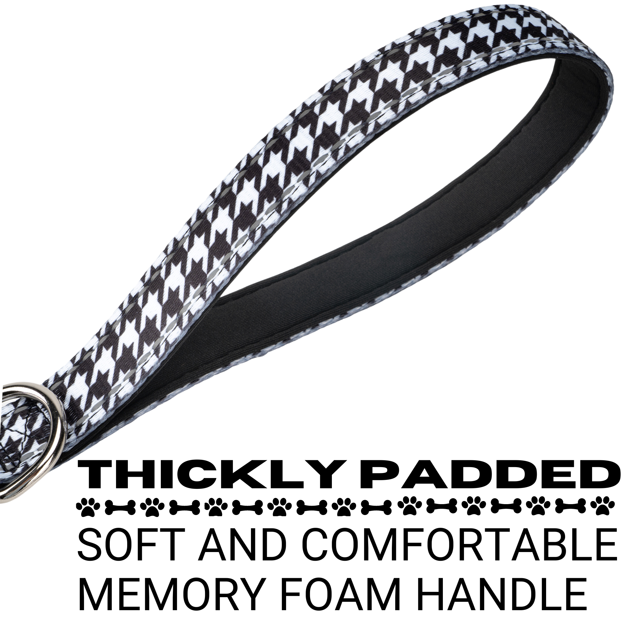 EcoBark Houndstooth Dog Leash with padded memory foam handle, featuring a black and white houndstooth pattern. Available in 4