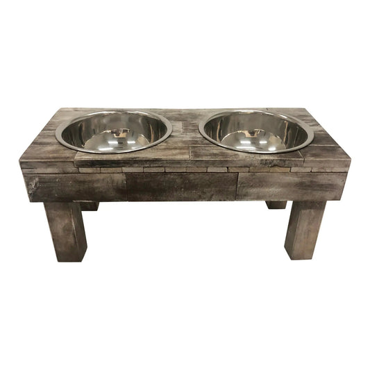 Huntley Pet Berjen Table Elevated Double Bowl Pet Feeder, Brown Wash