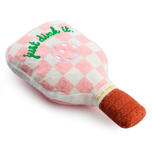 Pink Checker Pickleball Paddle | Squeaky Plush Dog Toy with Crinkle & Mesh Lining
