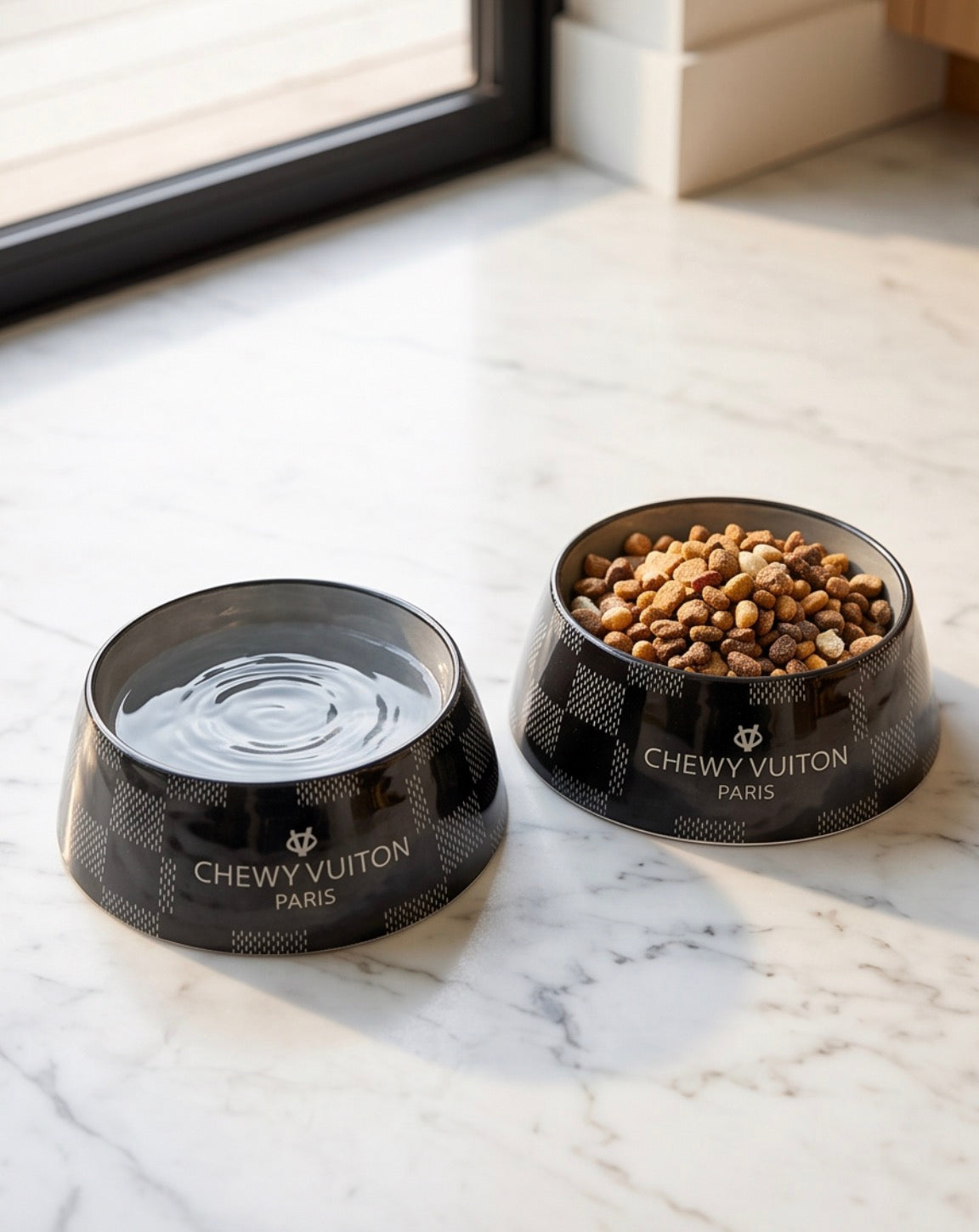 Black Checker Chewy Vuiton Bowls & Placemat Bundle
