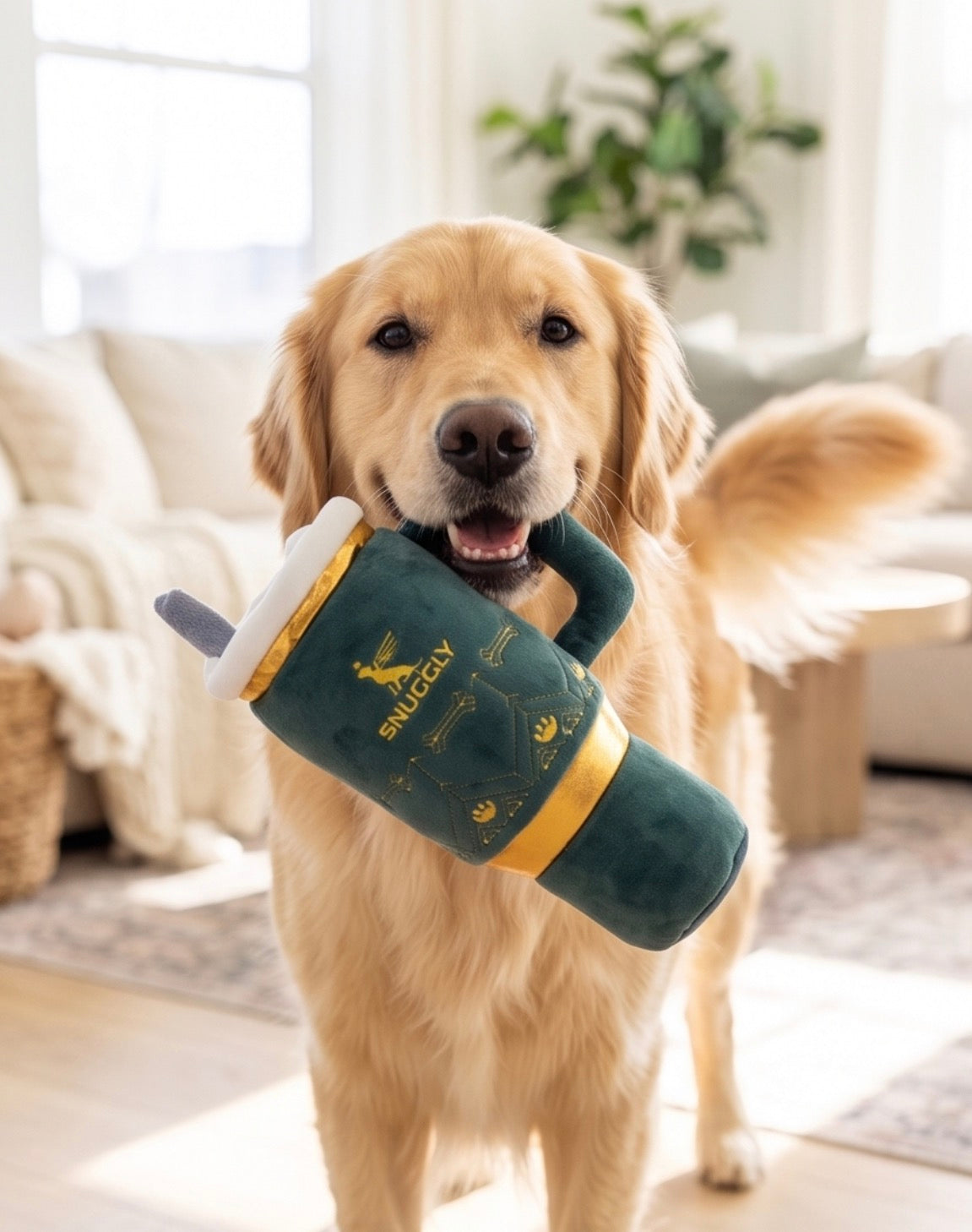 Holiday Snuggly Cup - Green Plush Dog Toy | Squeaky Plush Dog Toy with Crinkle & Mesh Lining