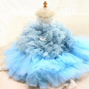 Handmade Luxury Pet Gown Trailing Dress Blue Chiffon Dog Gown Dog Dress 
