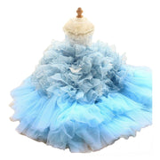 Handmade Luxury Pet Gown Trailing Dress Blue Chiffon Dog Gown Dog Dress 