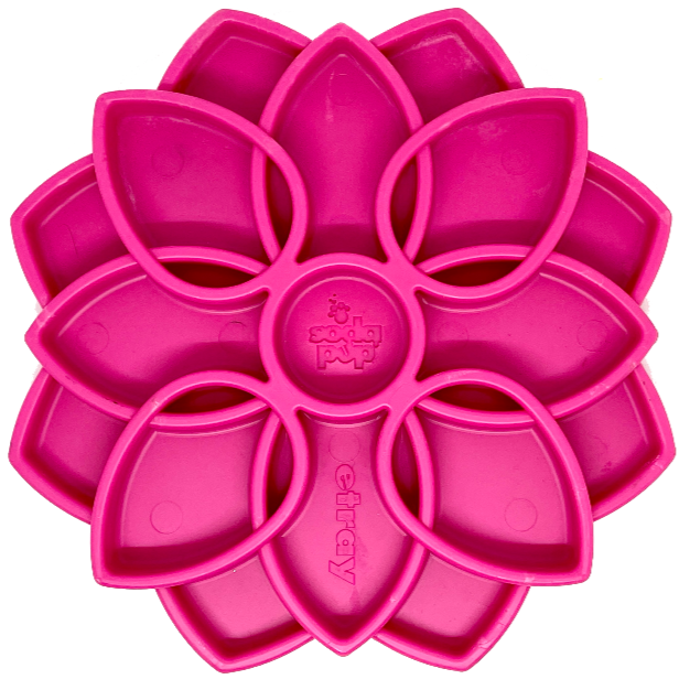 Southlake Paws Mandala eTray Shallow Slow Feeder Dog Bowl in vibrant pink, designed for enrichment with multiple compartments