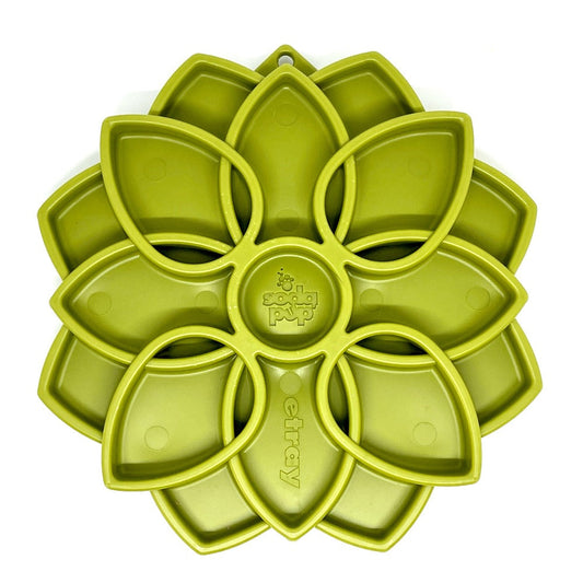 Southlake Paws Mandala eTray Shallow Slow Feeder Dog Bowl in green, featuring a flower-like design with multiple compartments