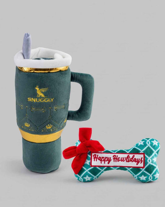 Snuggly Cup Holiday Green & Green Stars Bone | Christmas Dog Toys