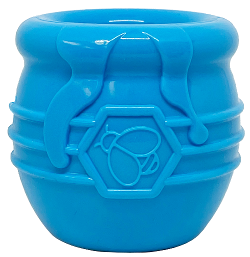Honey Pot Dog eCup Treat Dispenser in blue, made of durable PUP-X rubber, featuring a honey pot design with a bee logo.