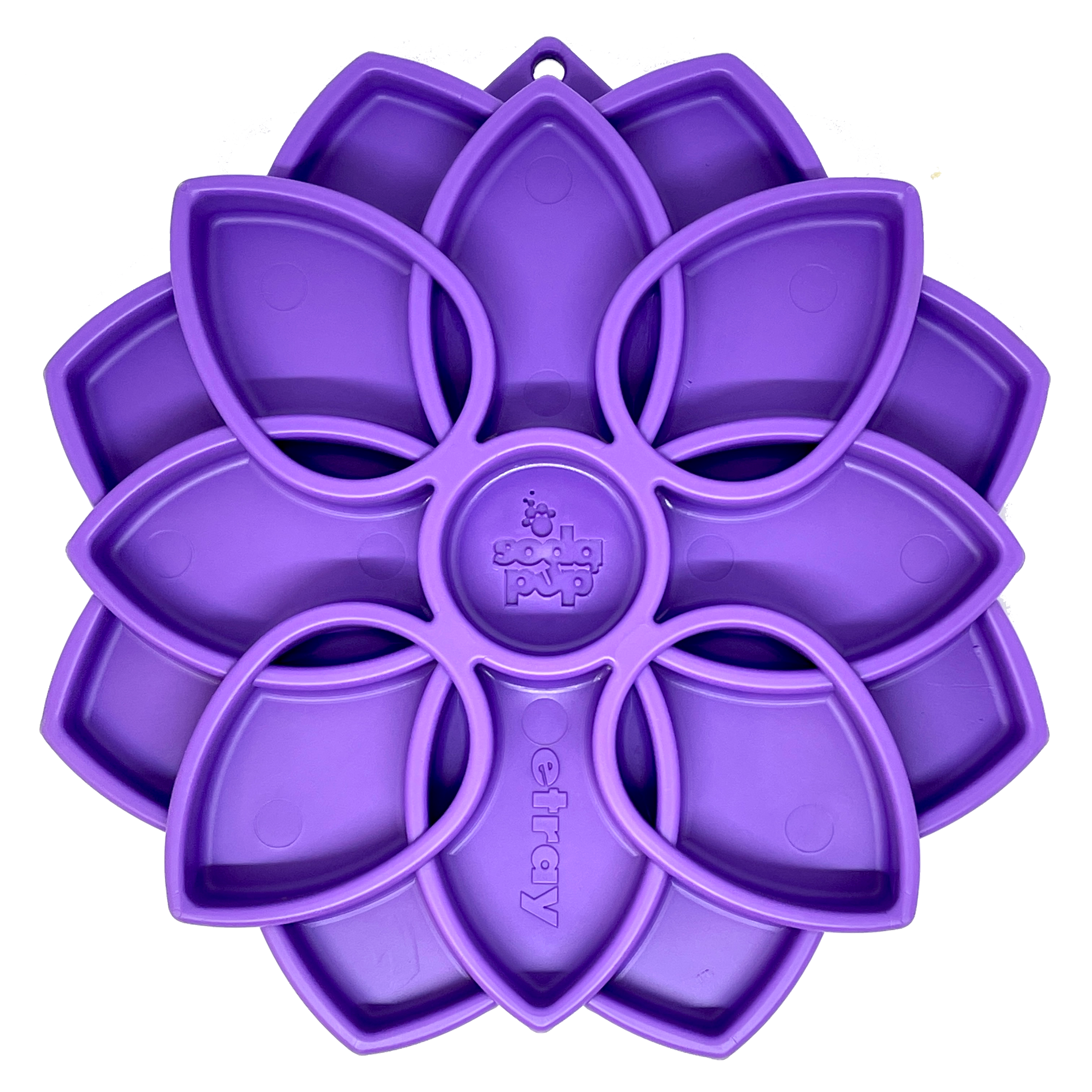 Mandala eTray Shallow Slow Feeder Dog Bowl in purple, featuring a flower design with multiple shallow compartments for enrich