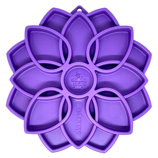 Mandala eTray Shallow Slow Feeder Dog Bowl in purple, featuring a flower design with multiple shallow compartments for enrich