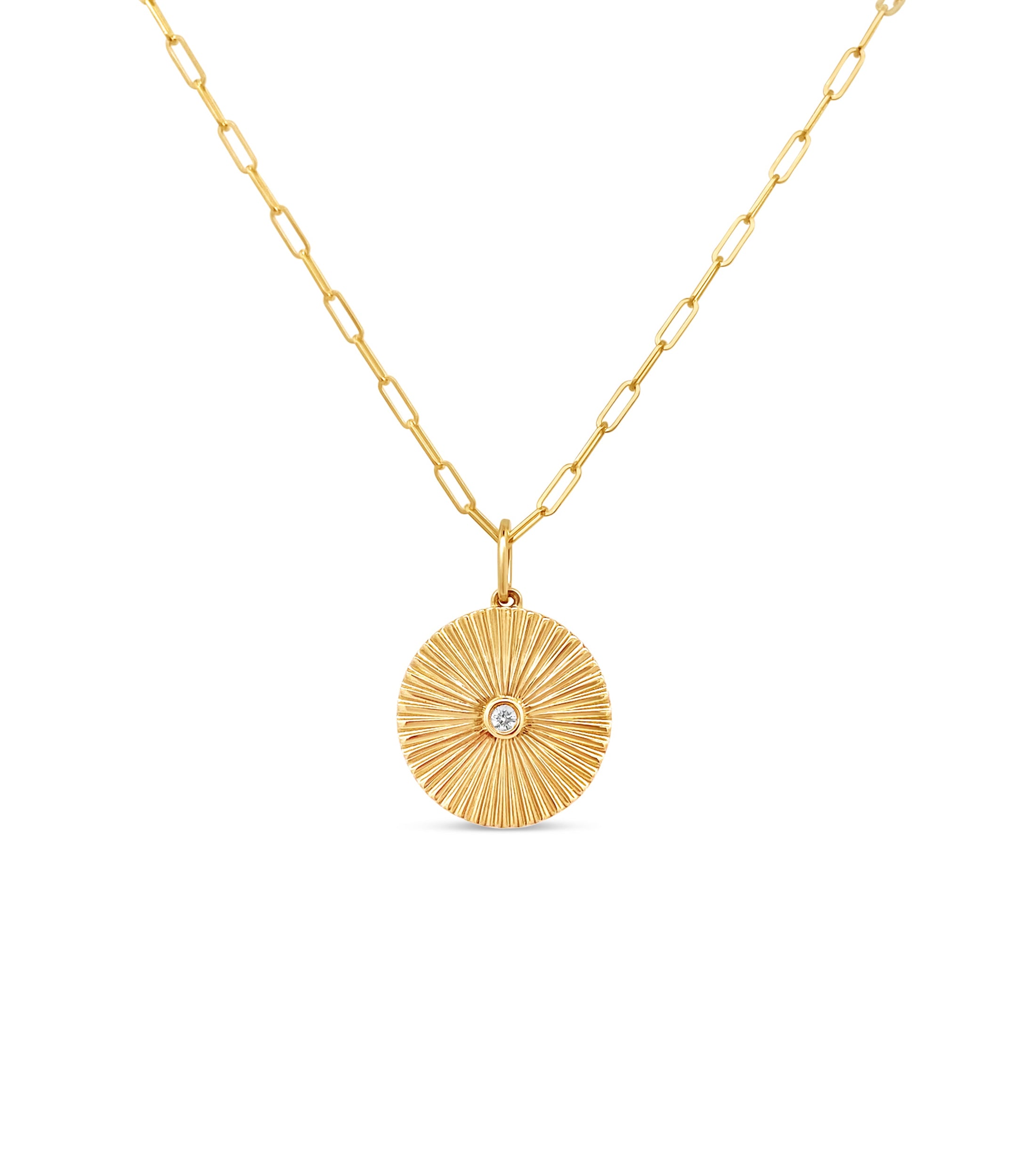 OLIVE & CHAIN Diamond Fluted Medallion Necklace - Yellow Gold, 10mm, no chain