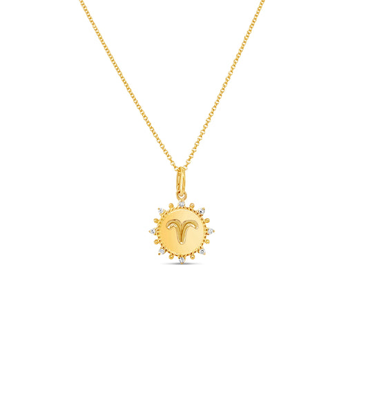 OLIVE & CHAIN Diamond Zodiac Medallion Charm Necklace - Yellow Gold, Aries, No chain (pendant only)