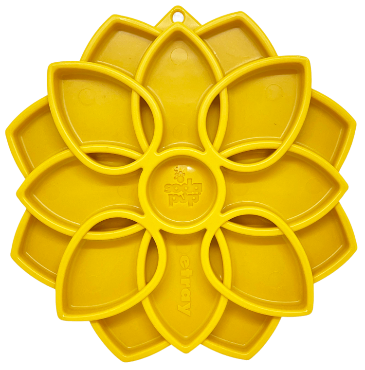 Yellow Mandala eTray Shallow Slow Feeder Dog Bowl with flower petal design, featuring multiple compartments for enrichment. U