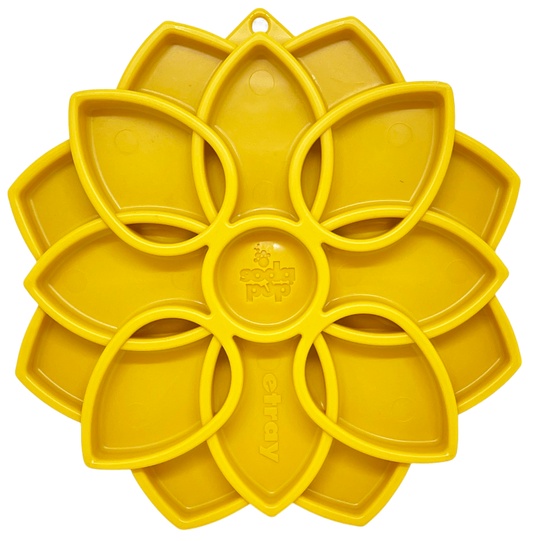 Yellow Mandala eTray Shallow Slow Feeder Dog Bowl with flower petal design, featuring multiple compartments for enrichment. U