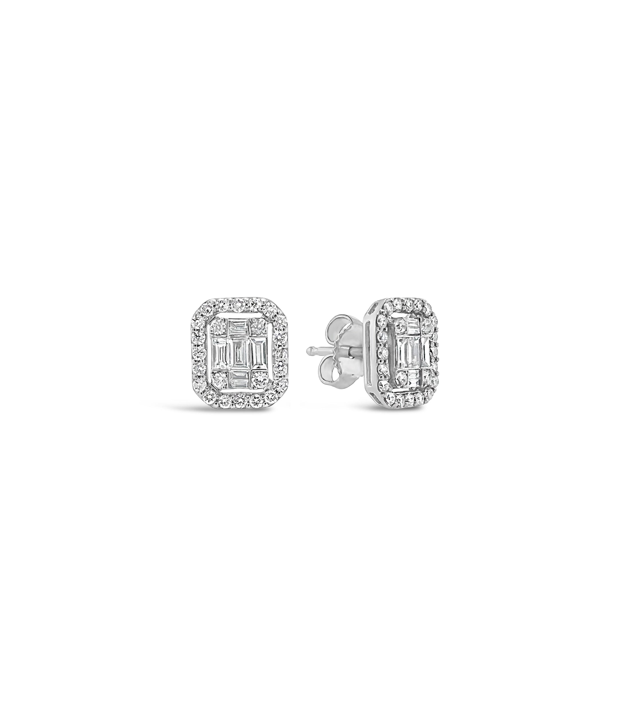 OLIVE & CHAIN Diamond Emerald Cut Cluster Halo Stud Earrings - White Gold, 8mm