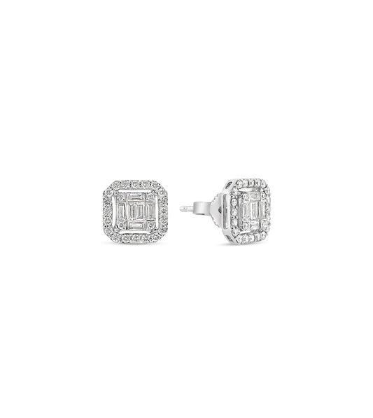 OLIVE & CHAIN Diamond Asscher Cut Cluster Halo Stud Earrings - White Gold, 8.2mm