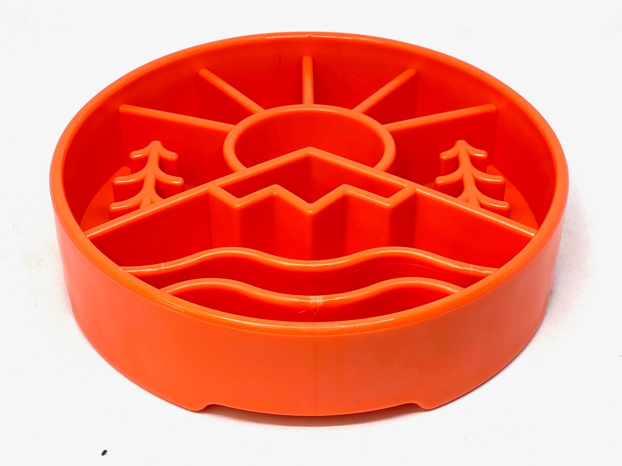 Southlake Paws Great Outdoors eBowl in orange, featuring a mountain and sun design for slow feeding and enrichment. USA made.