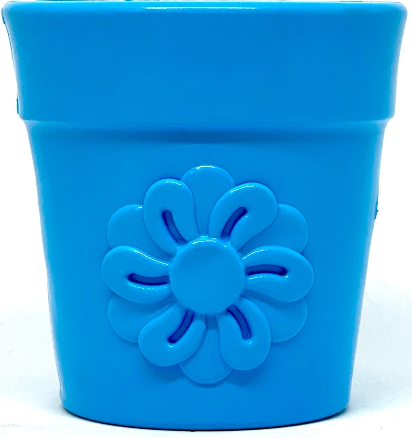 Large blue flower pot-shaped dog treat dispenser with a flower design, made from durable materials for enrichment play.