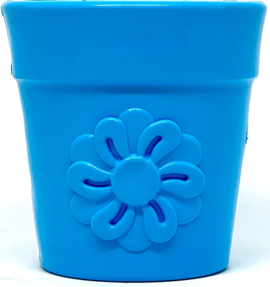 Large blue flower pot-shaped dog treat dispenser with a flower design, made from durable materials for enrichment play.