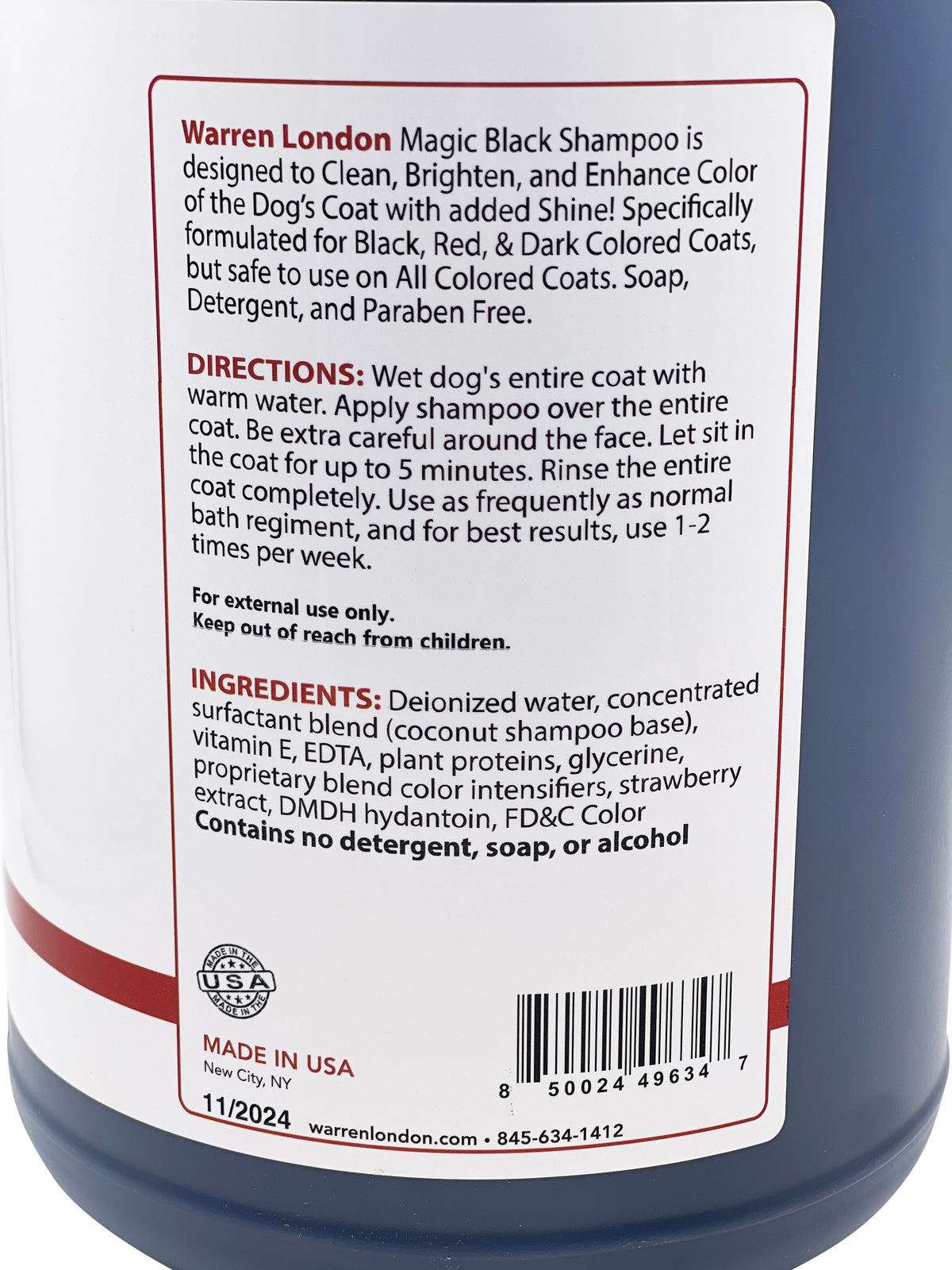 Southlake Paws Magic Black Brightening Dog Shampoo - Professional size bottle with instructions and ingredients on the label.