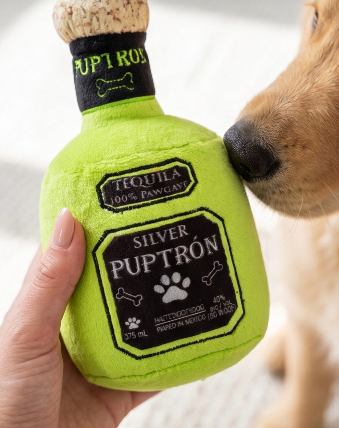 Puptron Tequila Toy | Squeaky Plush Dog Toy with Crinkle & Mesh Lining