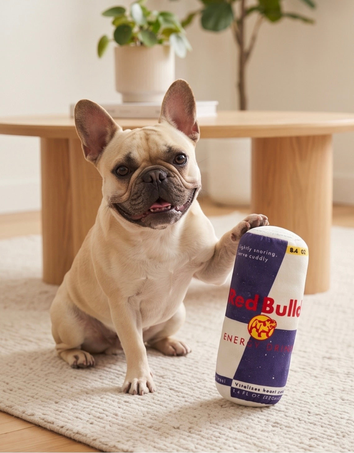 Red Bull Dog Energy Drink | Squeaky Plush Dog Toy with Crinkle & Mesh Lining
