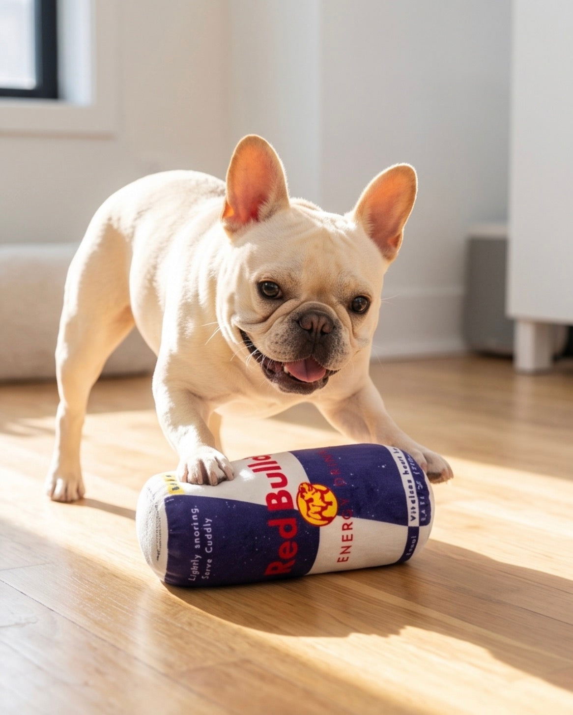 Red Bull Dog Energy Drink | Squeaky Plush Dog Toy with Crinkle & Mesh Lining