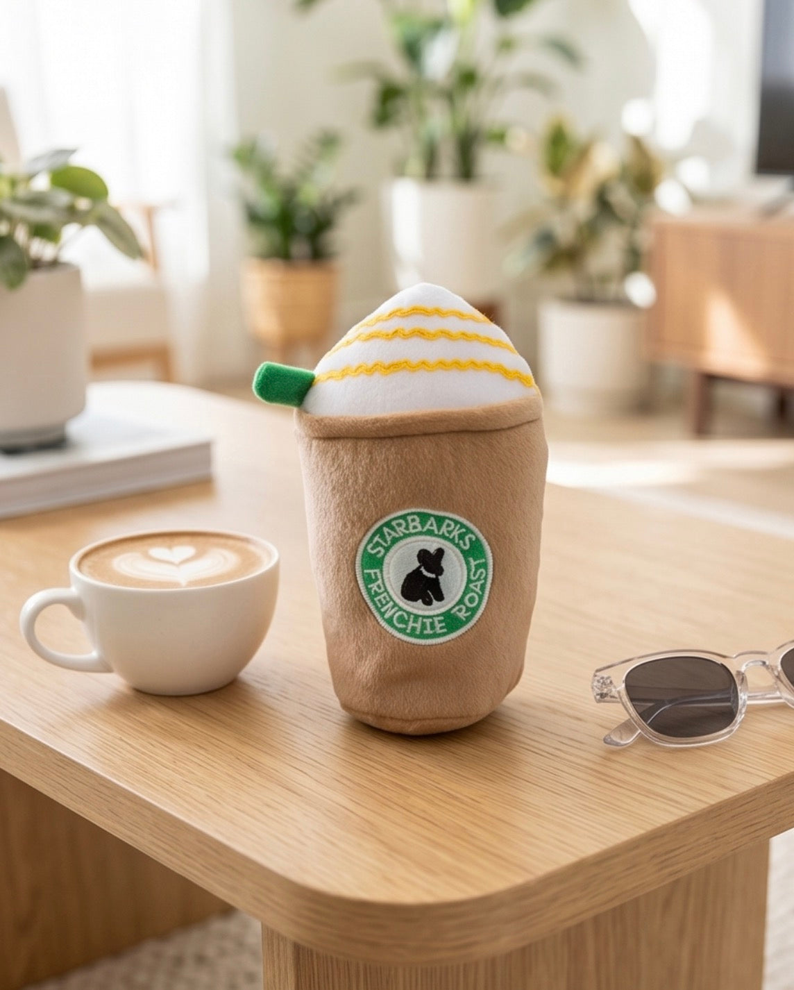 Starbarks Frenchie Roast Plush Toy with straw
