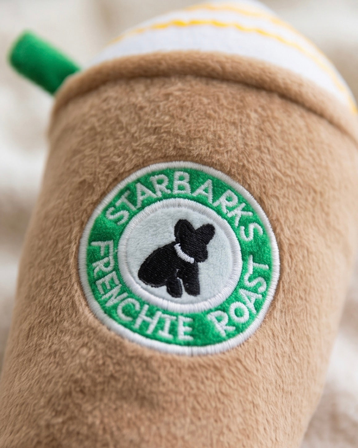 Starbarks Frenchie Roast Plush Toy with straw