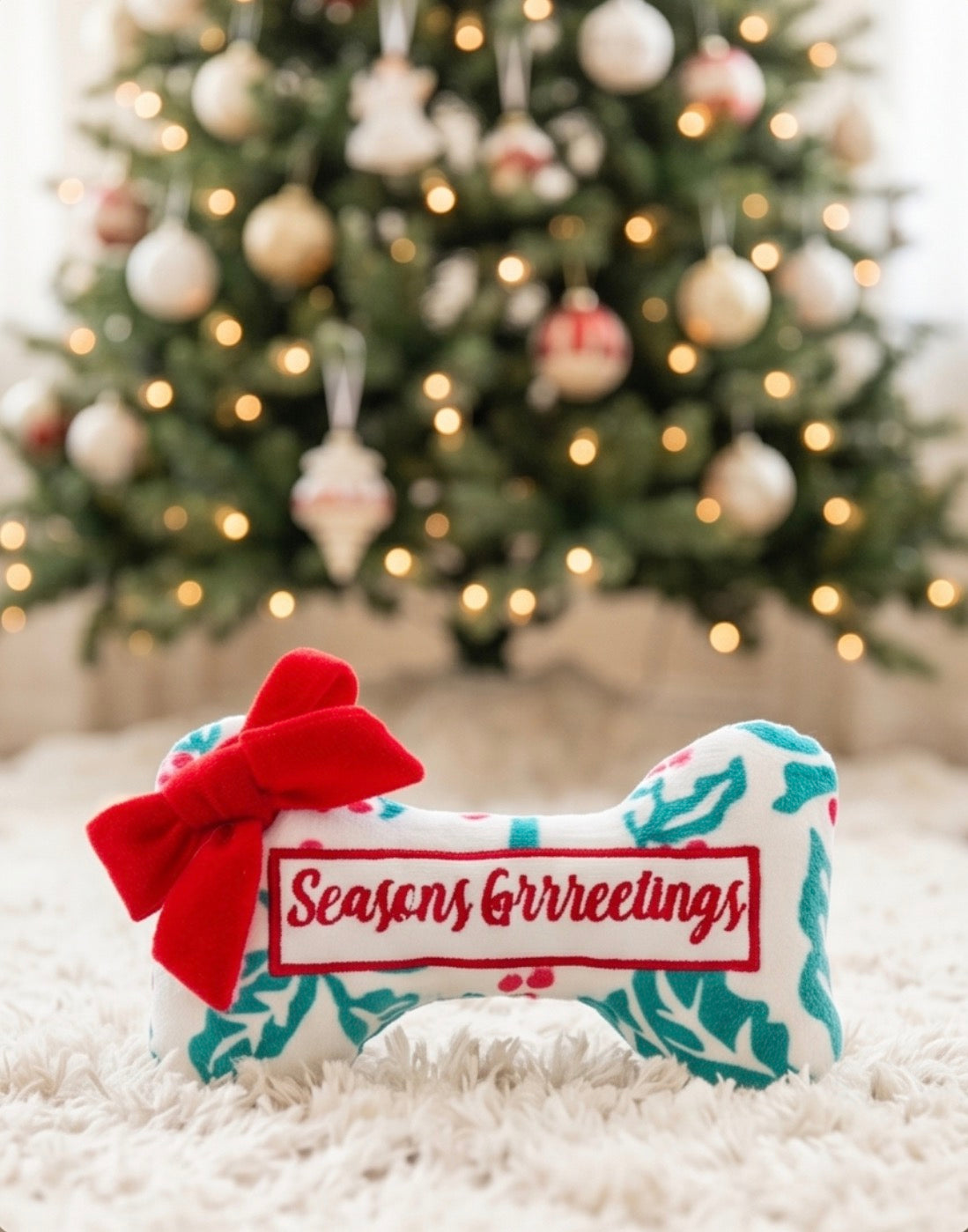 Holly Print Bone - Seasons Grrreetings Christmas Plush Dog Toy Holiday