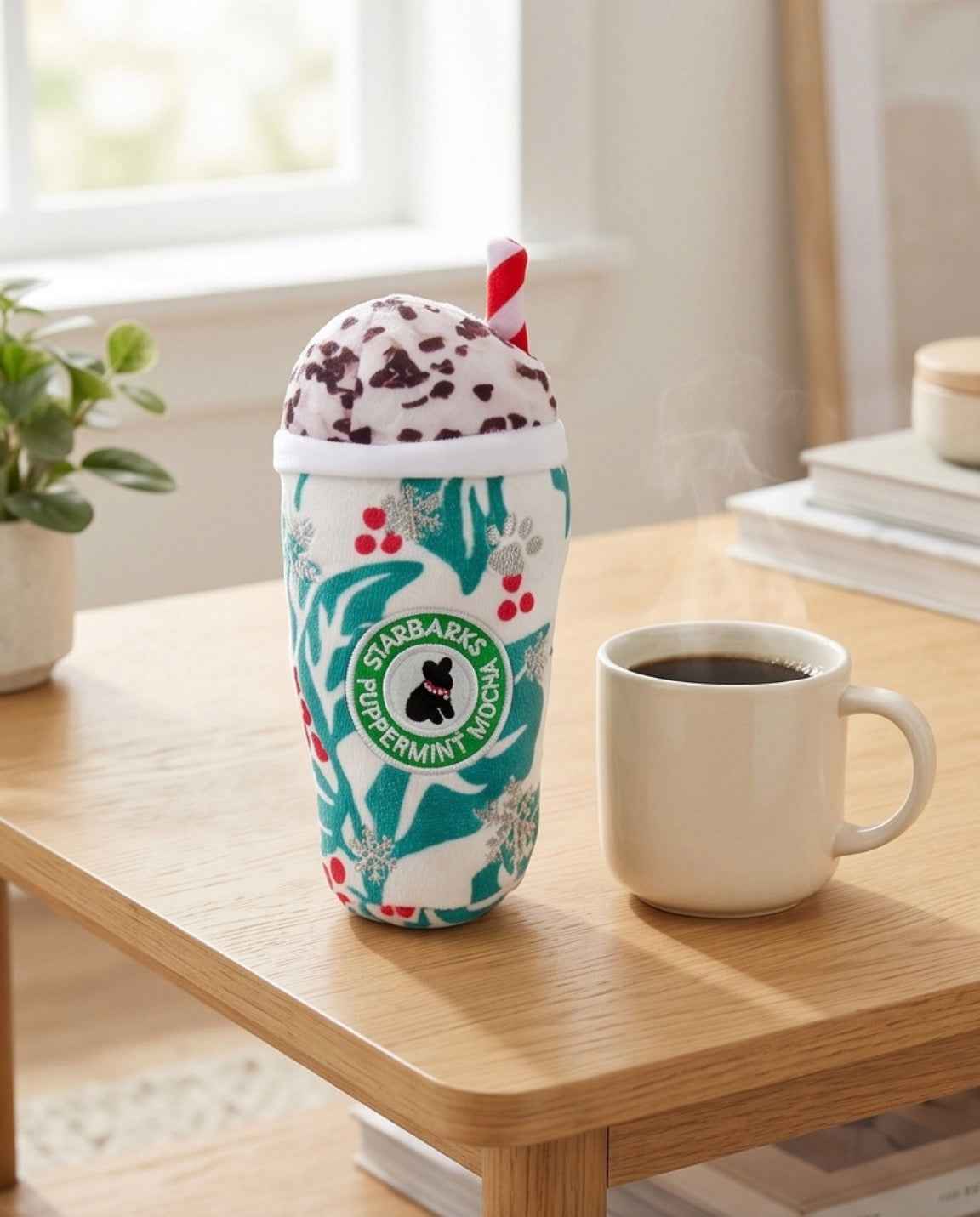 Starbarks Puppermint Mocha - Holly Print Cup Christmas Plush Dog Toy Holiday