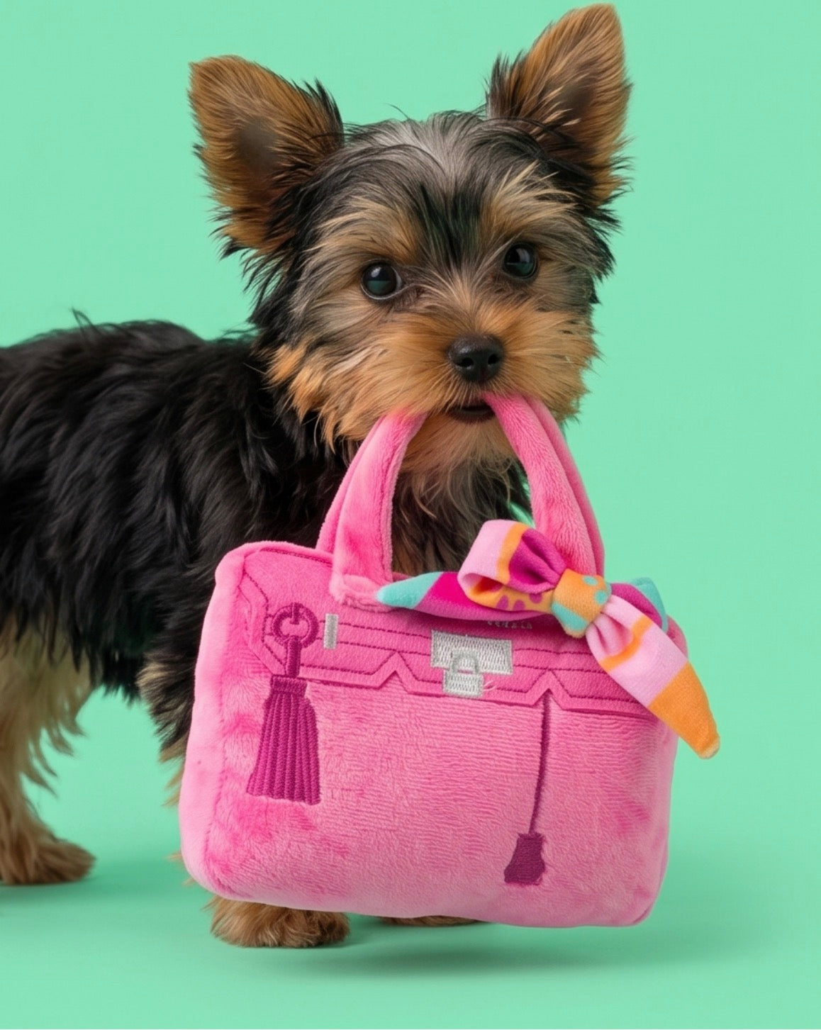 Barkin Bag - Pink w/ Scarf (Chic Doggie) | Squeaky Plush Dog Toy with Crinkle & Mesh Lining