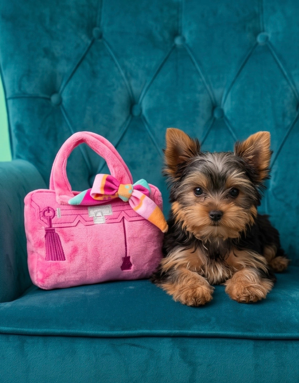 Barkin Bag - Pink w/ Scarf (Chic Doggie) | Squeaky Plush Dog Toy with Crinkle & Mesh Lining