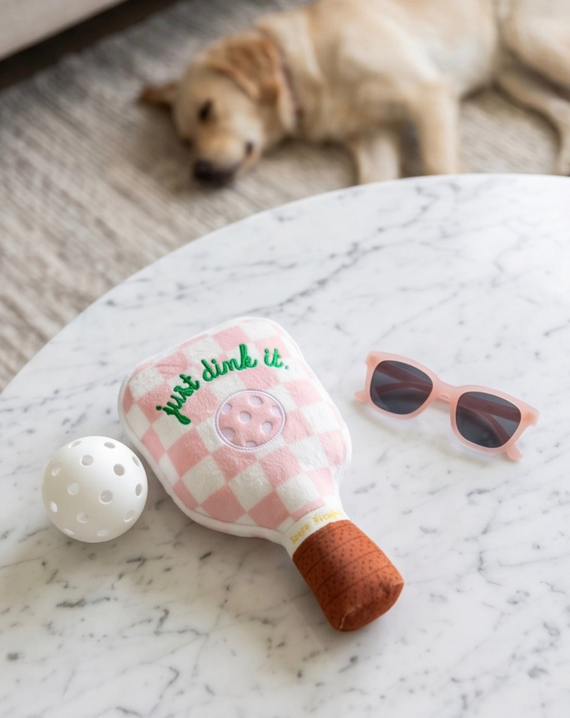 Pink Checker Pickleball Paddle | Squeaky Plush Dog Toy with Crinkle & Mesh Lining