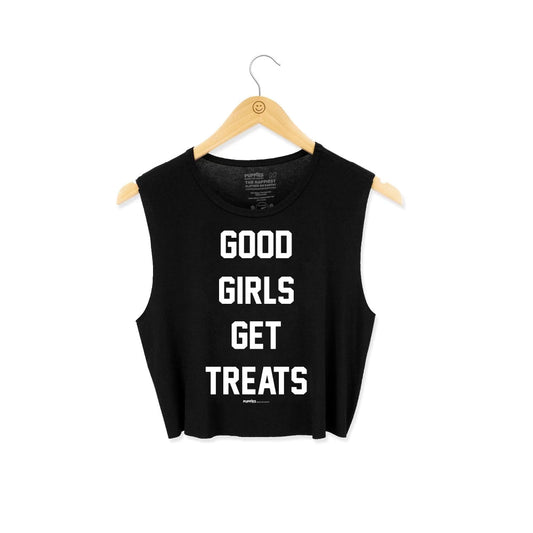 Black crop top featuring the text "GOOD GIRLS GET TREATS" in bold white letters. Ideal gift for dog moms and lovers.