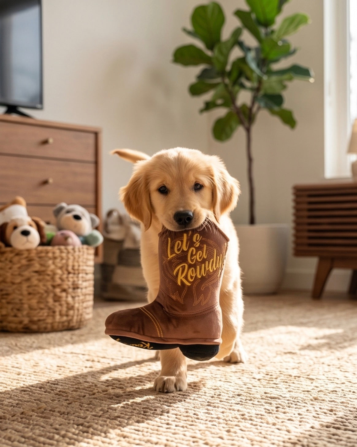 Brown Cowboy Boot | Squeaky Plush Dog Toy with Crinkle & Mesh Lining