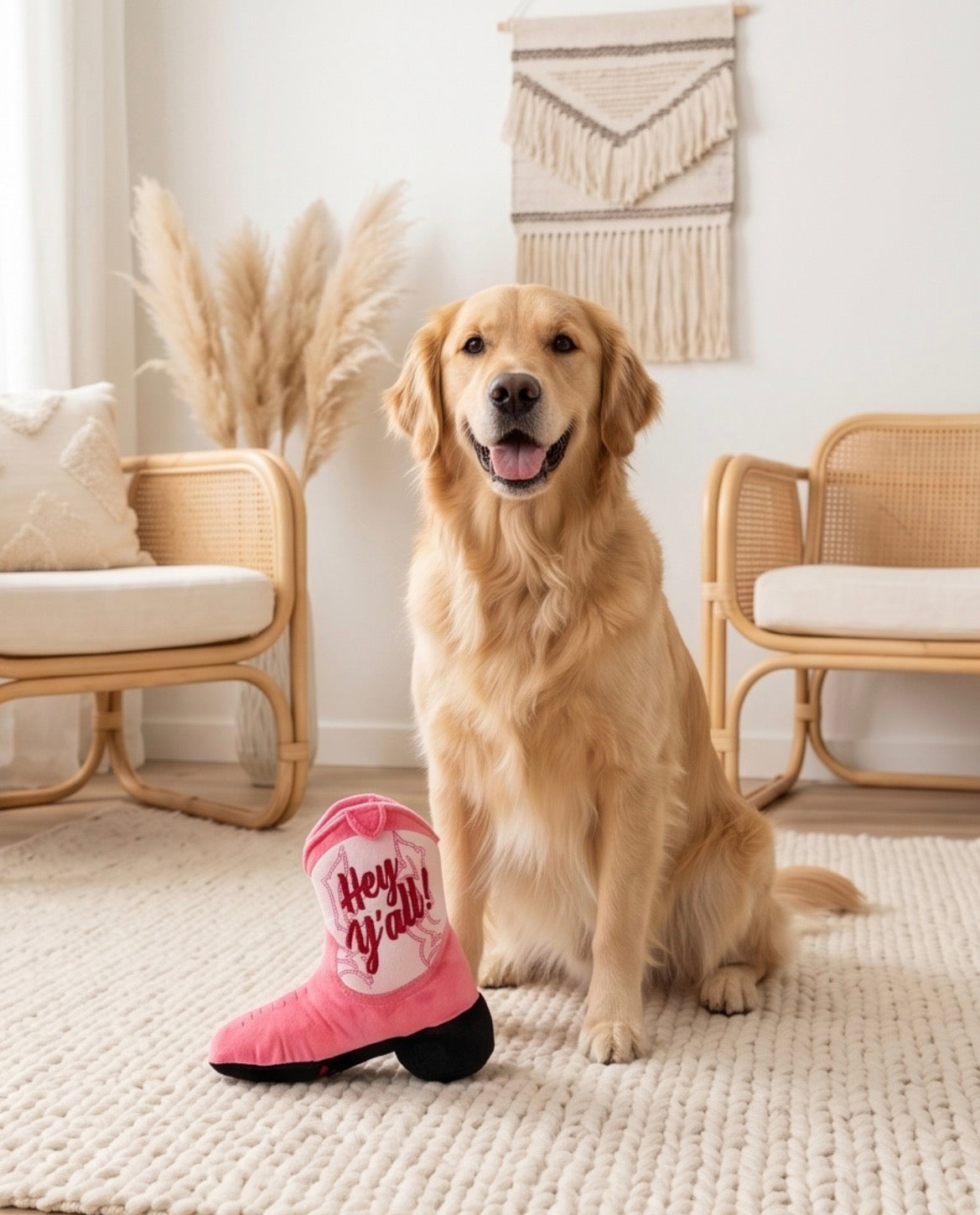 Pink Cowgirl Boot | Squeaky Plush Dog Toy with Crinkle & Mesh Lining