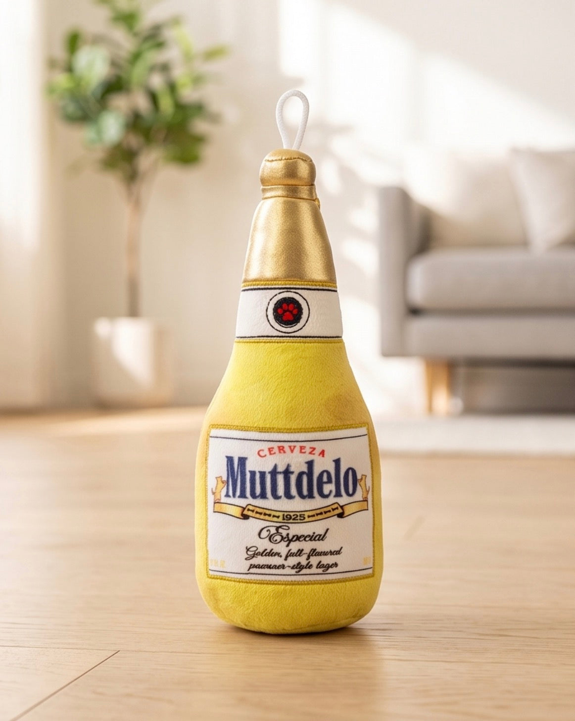 Muttdelo Beer Bottle | Squeaky Plush Dog Toy with Crinkle & Mesh Lining