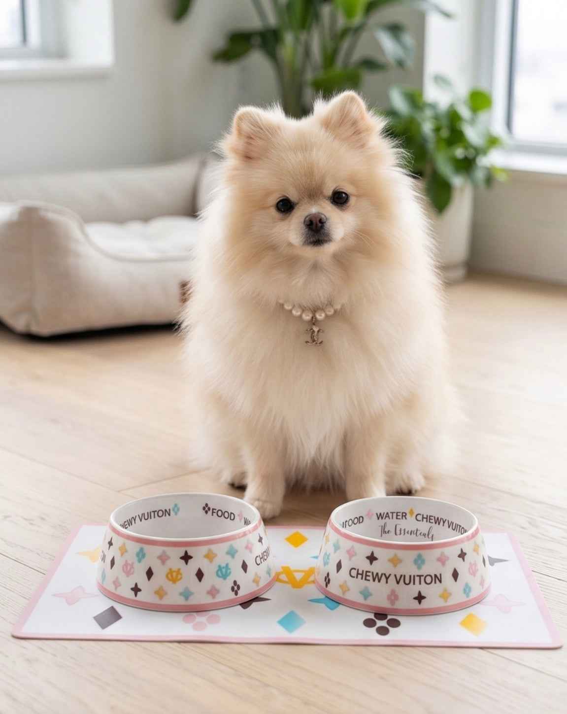 White Chewy Vuiton Bowls & Mat Bundle