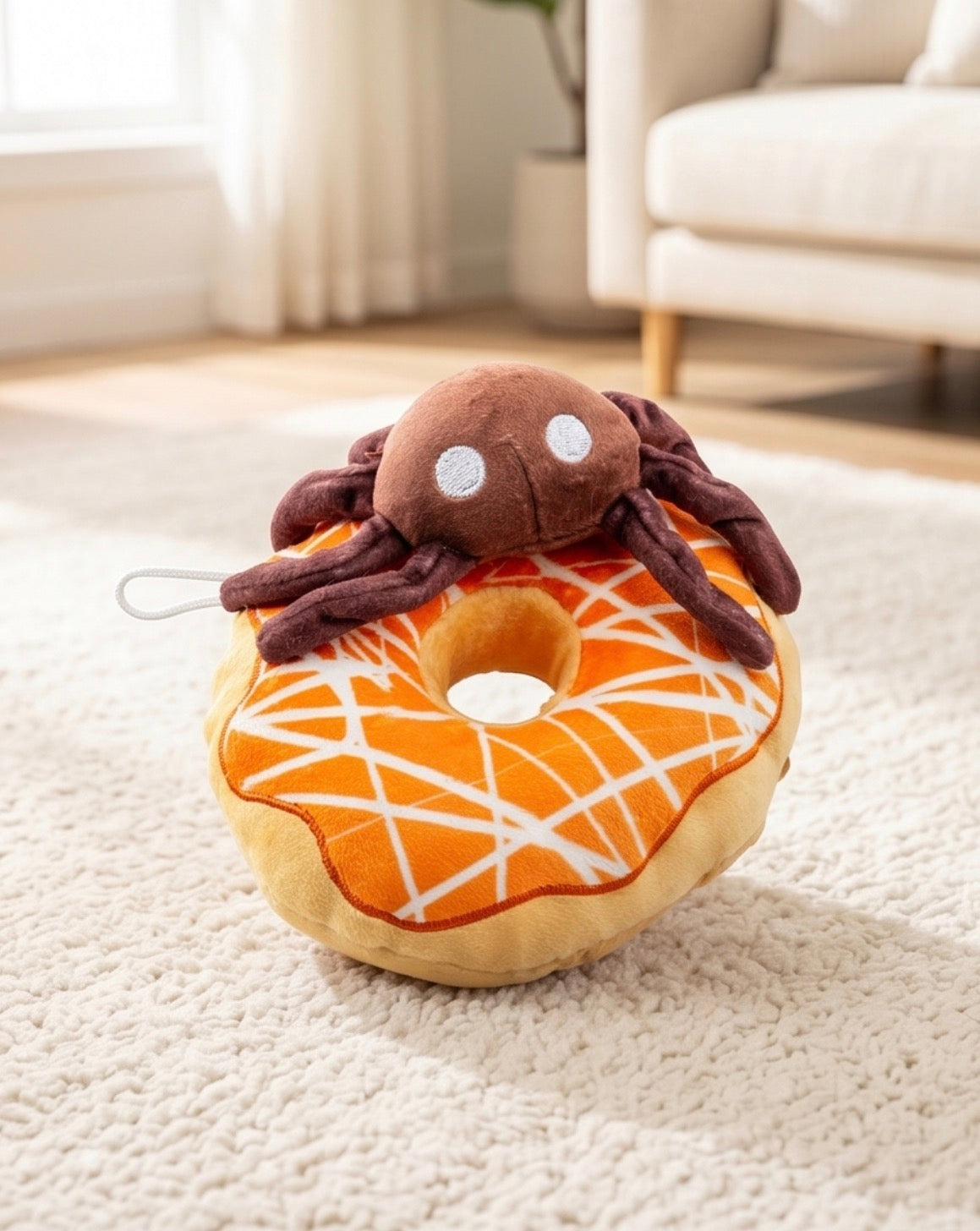 Spider Donut | Squeaky Plush Dog Toy with Crinkle & Mesh Lining