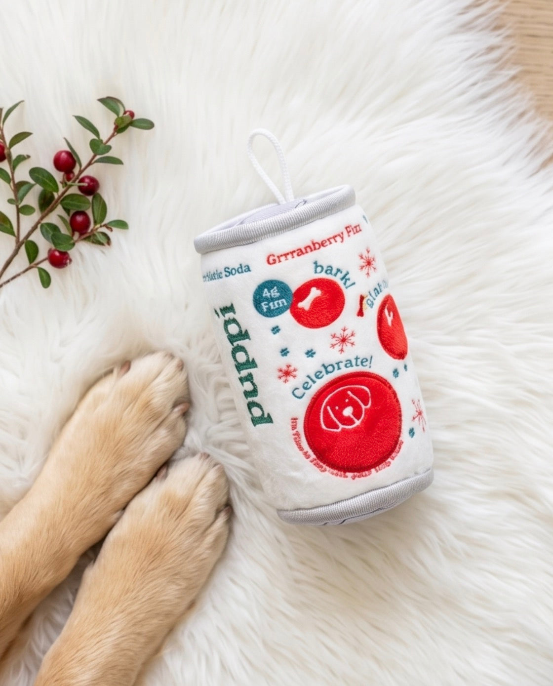 Puppi Grrranberry Fizz Holiday Plush Dog Toy | Squeaky Plush Dog Toy with Crinkle & Mesh Lining