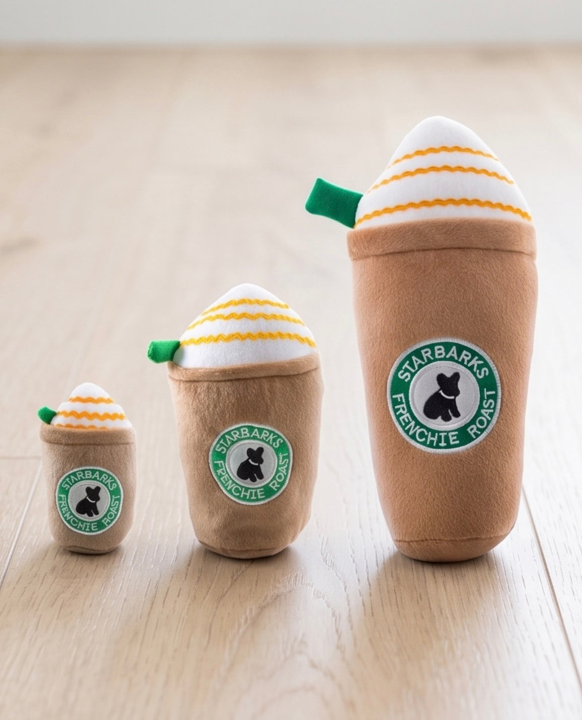 Starbarks Frenchie Roast Plush Toy with straw