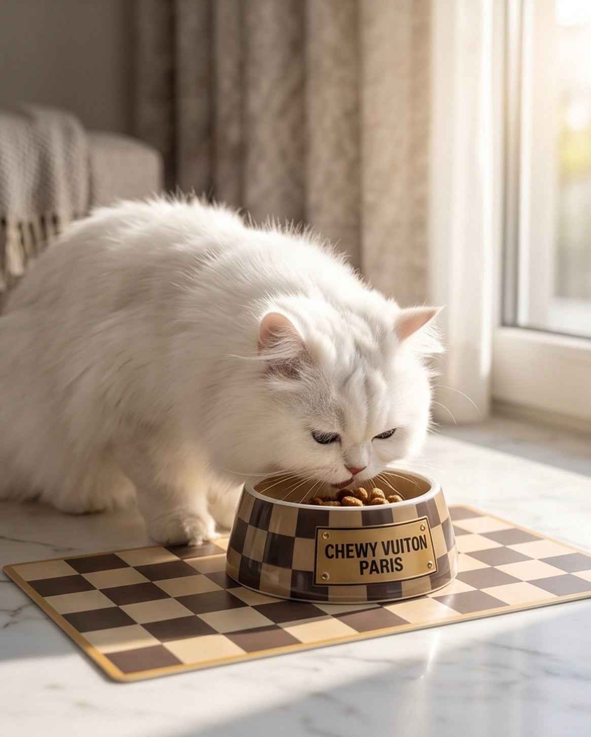 Tan Checker Chewy Vuiton Bowls & Mat