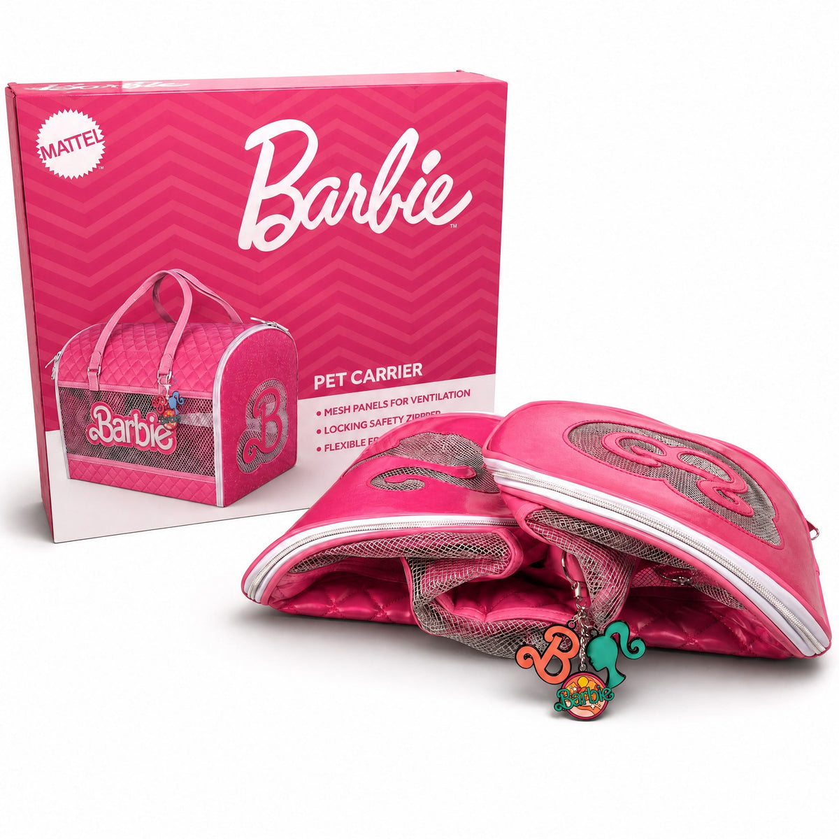 Pet Carrier - Barbie Quilted Vegan Leather with Mesh Window Panels and Glitter Appliques Pink