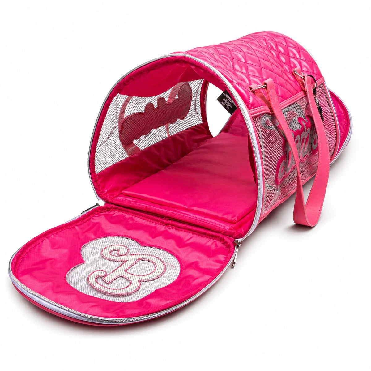 Pet Carrier - Barbie Quilted Vegan Leather with Mesh Window Panels and Glitter Appliques Pink