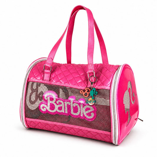 Pet Carrier - Barbie Quilted Vegan Leather with Mesh Window Panels and Glitter Appliques Pink