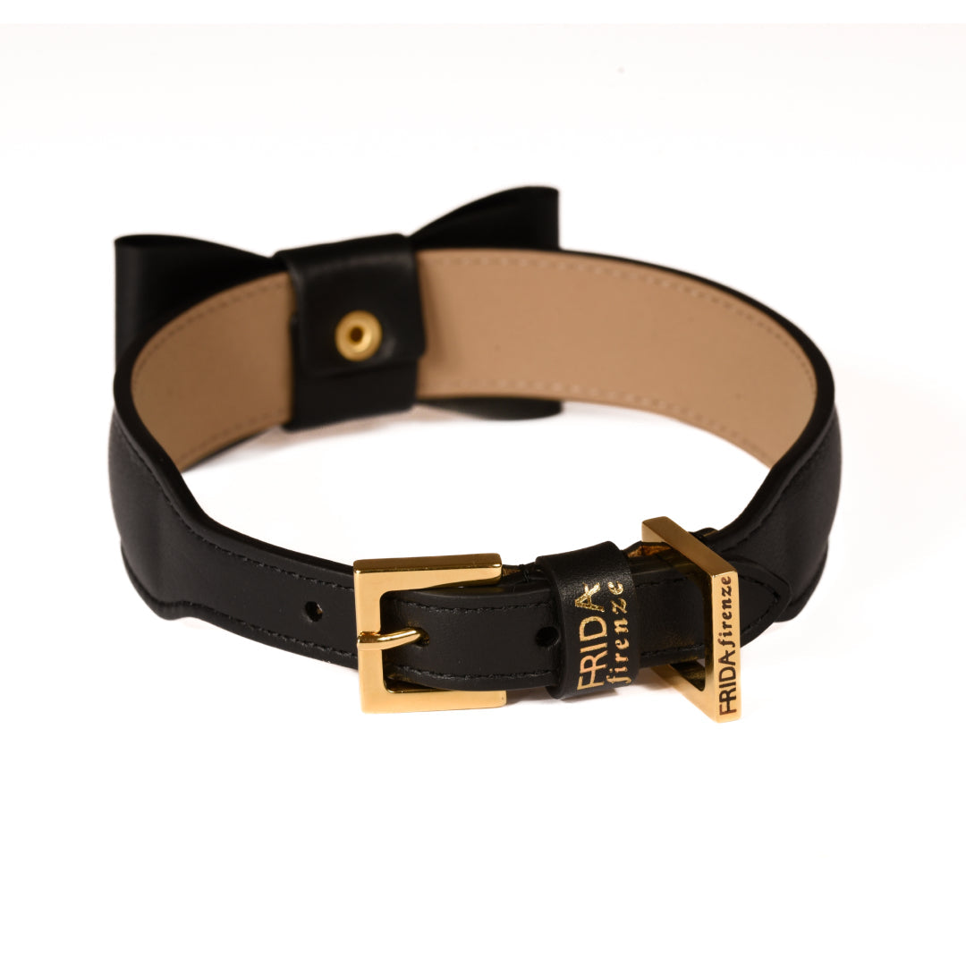 Leather Dog Collar in Black - Rock Bow, Made in Italy