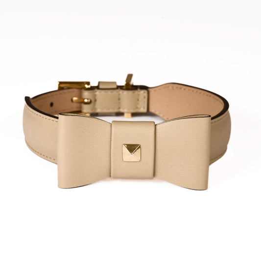 Leather Dog Collar in Mud - Rock Bow, Made in Italy